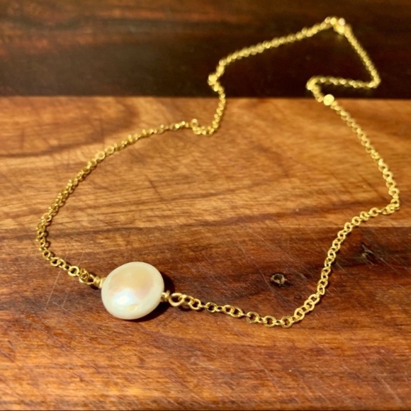 Freshwater Button Pearl 17" Gold Filled Chain Necklace - Picture 2 of 5